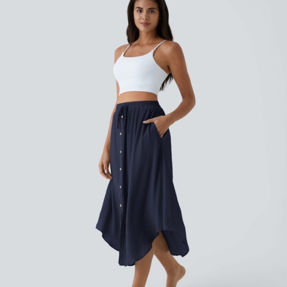 NWT!! High Waisted Drawstring Button Flowy Midi Casual Skirt Size Small halara